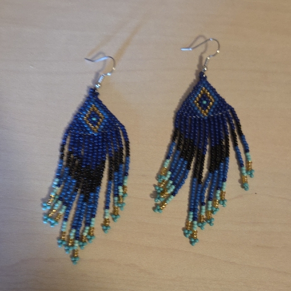 Pair of Beaded Fringe Earrings in Blue, Black, and Gold - Picture 1 of 3